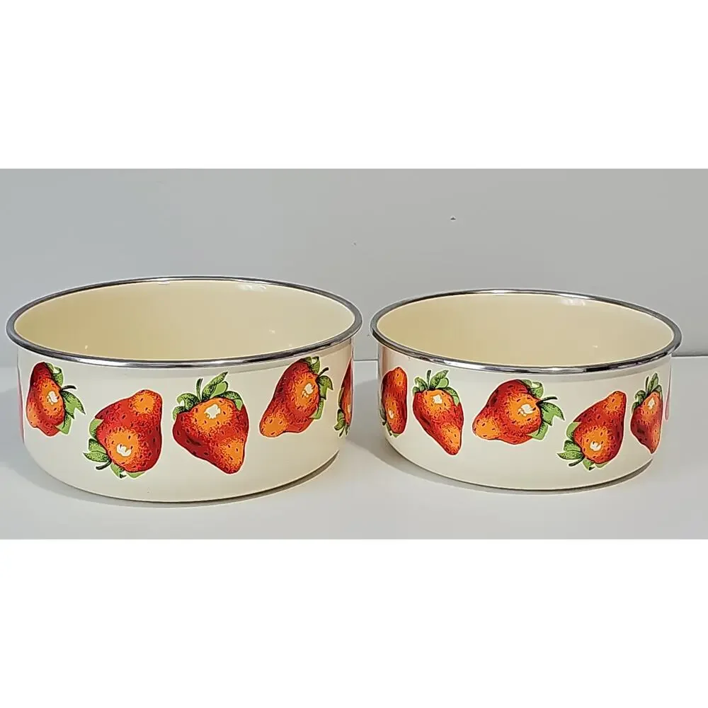 Two Vintage Kobe Enamel Bowls Cream Strawberry Nesting Mixing Cottagecore